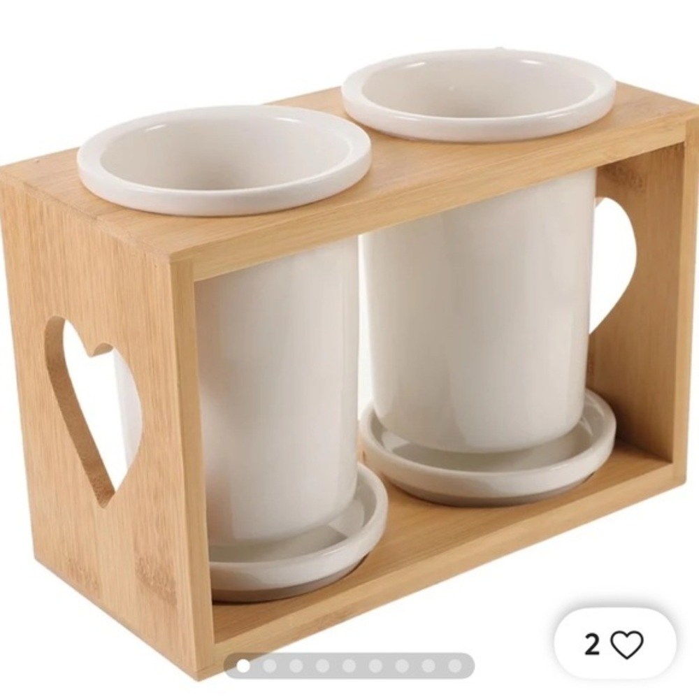 White Ceramic Mugs with Bamboo Holder